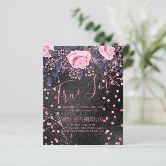 Budget Wedding Metallic Look Rosegold Pink Floral (Stehend Vorderseite)
