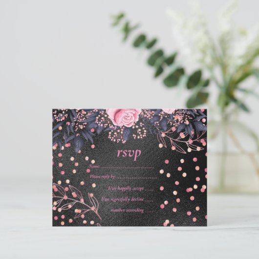 Budget Wedding Metallic Look Rosegold Pink Floral Einladungspostkarte (Stehend Vorderseite)