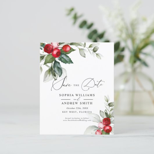 BUDGET Weihnachtsgrün & Rot Save the Date (Stehend Vorderseite)