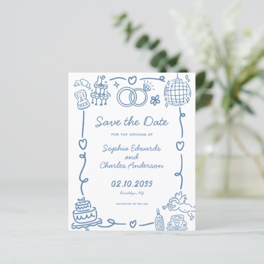 Budget Whimsical Doodles Wedding Save the Date (Stehend Vorderseite)