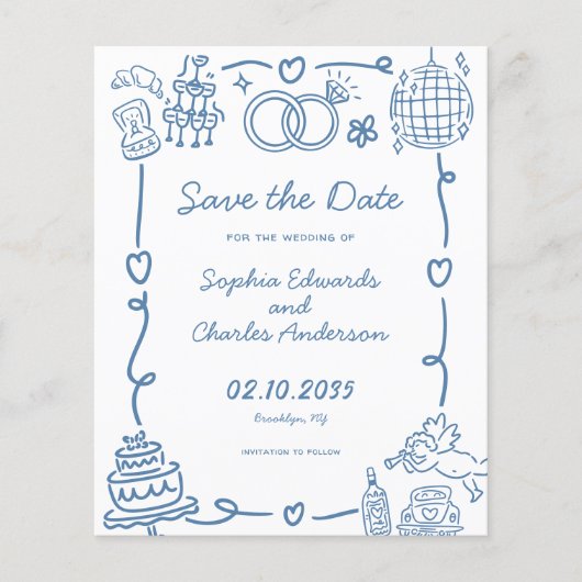 Budget Whimsical Doodles Wedding Save the Date (Vorderseite)