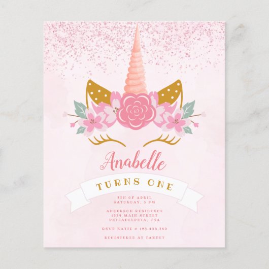 Budget Whimsical Pink Rainbow Unicorn Birthday (Vorderseite)
