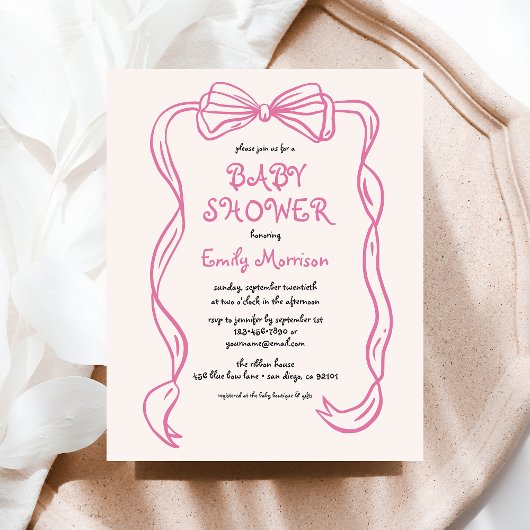 Budget Whimsical Quirky Blush Pink Bow Baby Dusche Flyer