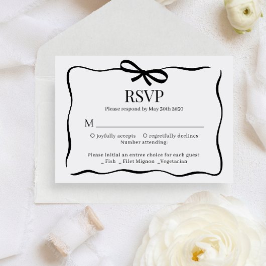 BUDGET Whimsical schwarze Fliege Hochzeitsmenü RSV Begleitkarte