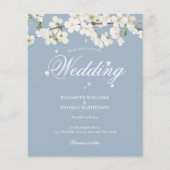 Budget White Blossom Dusty Blue Wedding Einladung (Vorderseite)
