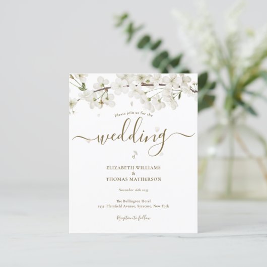 Budget White Blossom Script Einladung zur Hochzeit (Stehend Vorderseite)