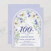 Budget White Blue Floral 100. Geburtstag Einladung (Vorne/Hinten)
