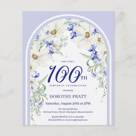 Budget White Blue Floral 100. Geburtstag Einladung (Vorderseite)