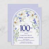 Budget White Blue Floral 100. Geburtstag Einladung (Vorne/Hinten)