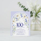 Budget White Blue Floral 100. Geburtstag Einladung (Stehend Vorderseite)