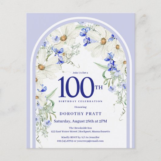 Budget White Blue Floral 100. Geburtstag Einladung (Vorderseite)