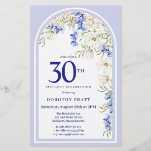Budget White Blue Floral 30. Geburtstag Einladung