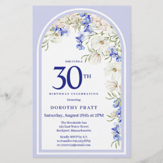 Budget White Blue Floral 30. Geburtstag Einladung