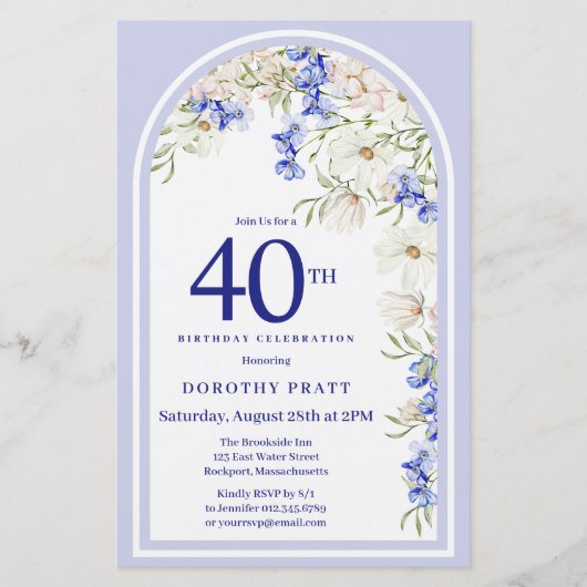 Budget White Blue Floral 40. Geburtstag Einladung (Vorderseite)