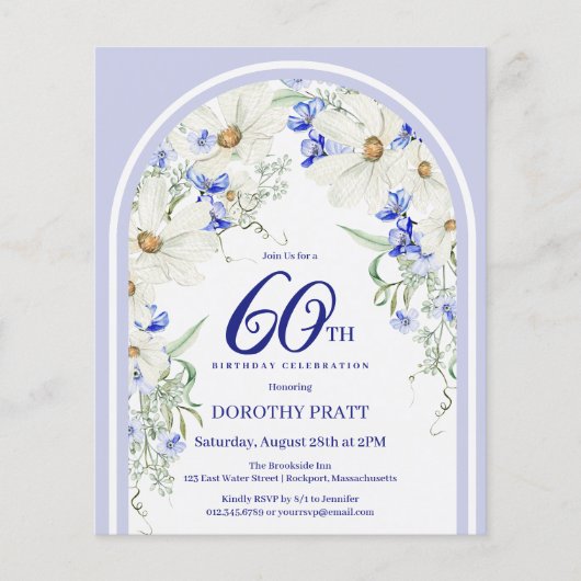 Budget White Blue Floral 60. Geburtstag Einladung (Vorderseite)