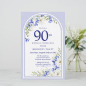 Budget White Blue Floral 90. Geburtstag Einladung (Stehend Vorderseite)