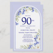 Budget White Blue Floral 90. Geburtstag Einladung (Vorne/Hinten)