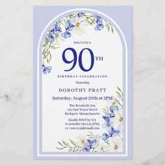 Budget White Blue Floral 90. Geburtstag Einladung