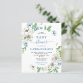 Budget White & Blue Floral Baby Dusche Einladung (Stehend Vorderseite)