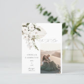 Budget White Boho Floral Foto Save the Date (Stehend Vorderseite)