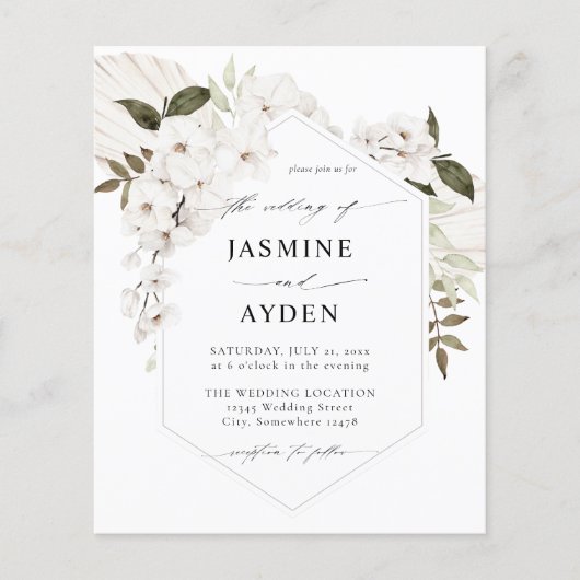 Budget White Boho Floral Wedding Flyer (Vorne)