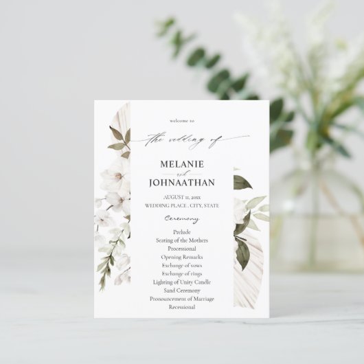 Budget White Boho Floral Wedding Program (Stehend Vorderseite)