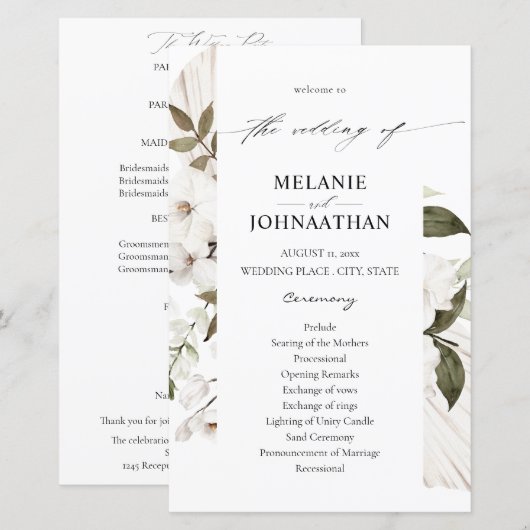 Budget White Boho Floral Wedding Program MED (Vorne/Hinten)