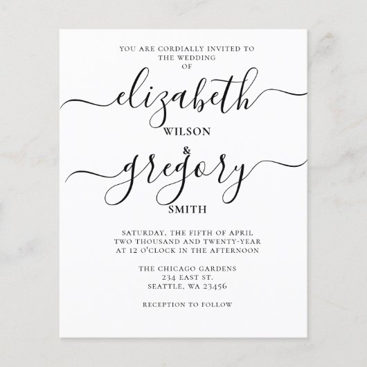 Budget White Calligraphy Wedding Einladung (Vorderseite)