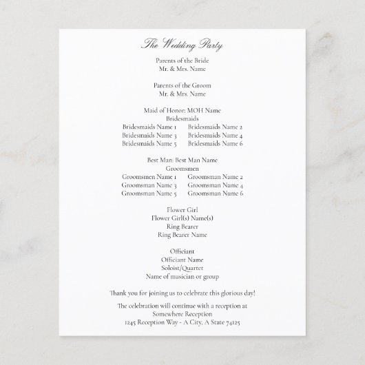 Budget White Elegance Wedding Program (Rückseite)