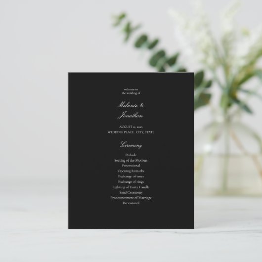Budget White Elegante Wedding Program - Black (Stehend Vorderseite)