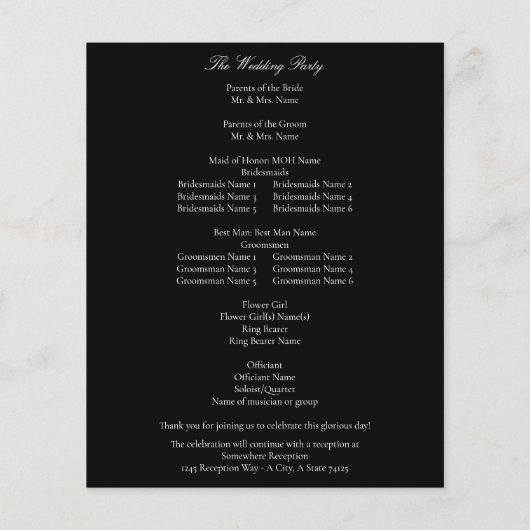Budget White Elegante Wedding Program - Black (Rückseite)