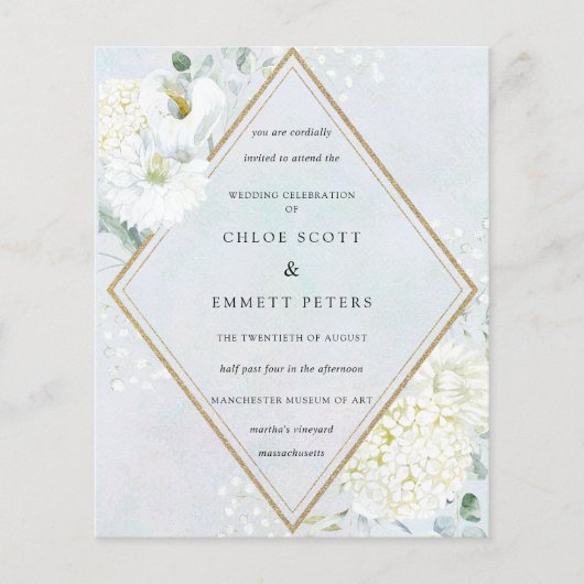 Budget White Floral Blue Hochzeit Einladung (Vorderseite)