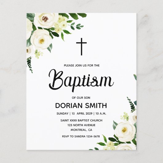 Budget White Floral Boy Baptism invitation (Vorderseite)