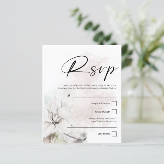Budget White Floral QR Code Hochzeit RSVP (Stehend Vorderseite)