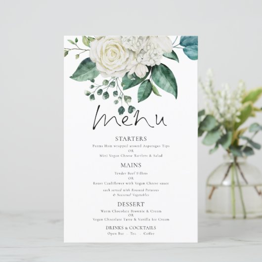 Budget White Florals Eucalyptus Wedding Menu (Stehend Vorderseite)