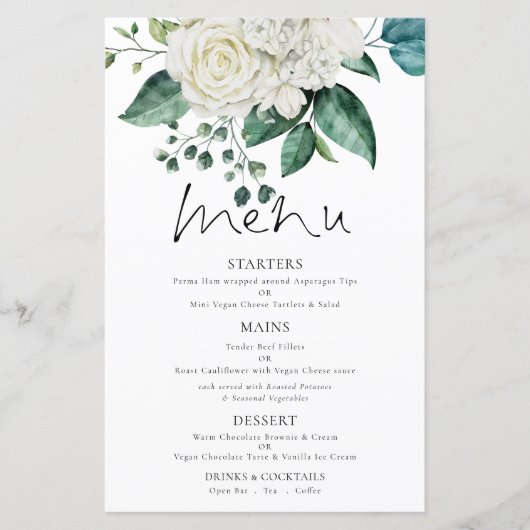 Budget White Florals Eucalyptus Wedding Menu (Vorderseite)