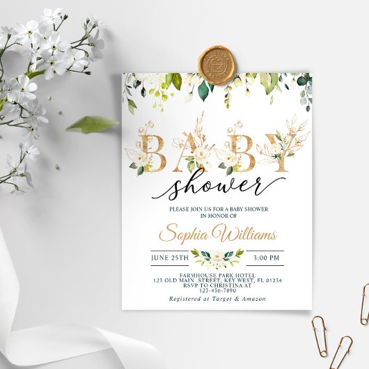 Budget White & Gold Eucalyptus Baby Dusche Einladu