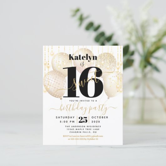 Budget White Gold Glitzer Sweet 16 Balloons Einlad (Stehend Vorderseite)