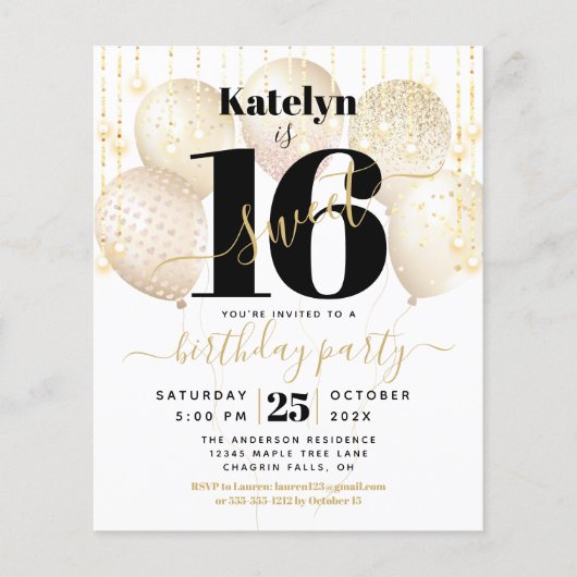 Budget White Gold Glitzer Sweet 16 Balloons Einlad (Vorderseite)