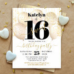 Budget White Gold Glitzer Sweet 16 Balloons Einlad<br><div class="desc">"Happy Sweet 16". Schicken Sie diese atemberaubende, einfache, festliche, moderne, personalisierte Party Einladung für eine Veranstaltung, an die Sie sich erinnern können. Fett, grafisch, schwarz und handgeschriebenes Skriptüberlagern Goldballons und goldene funkelnd Streichlichter auf einem ausgeklügelten, weißen Hintergrund. Personalisieren Sie den benutzerdefinierten Text mit dem Namen Ihrer Tochter und anderen Party-Details....</div>