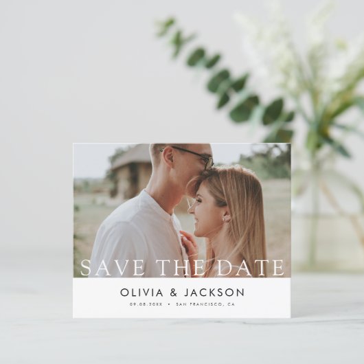 Budget White Letter Save the Date Foto (Stehend Vorderseite)