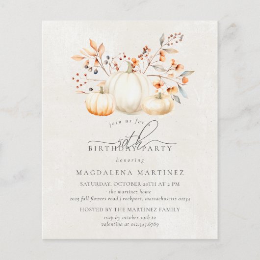 BUDGET White Pumpkin 50. Geburtstag Einladung (Vorderseite)