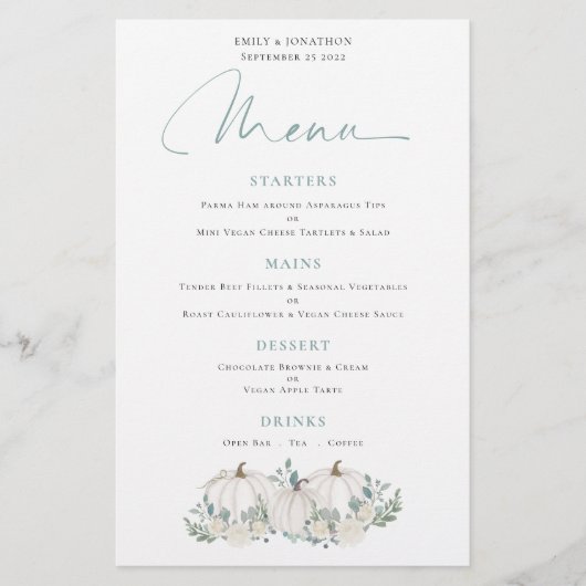 Budget White Pumpkins Florals Wedding Menu (Vorderseite)