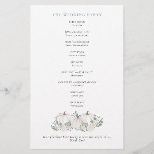 Budget White Pumpkins Florals Wedding Program (Rückseite)
