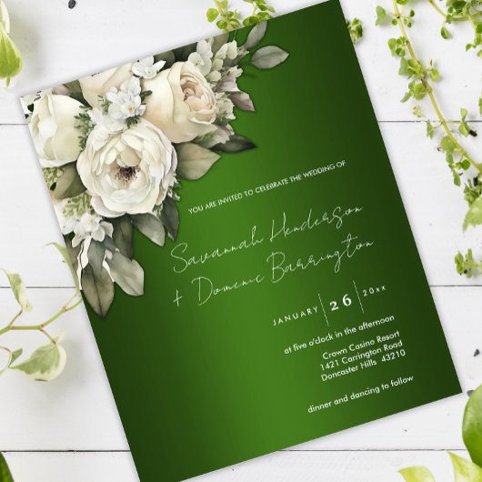 Budget White Rose Bouquet Emerald Green Wedding Flyer