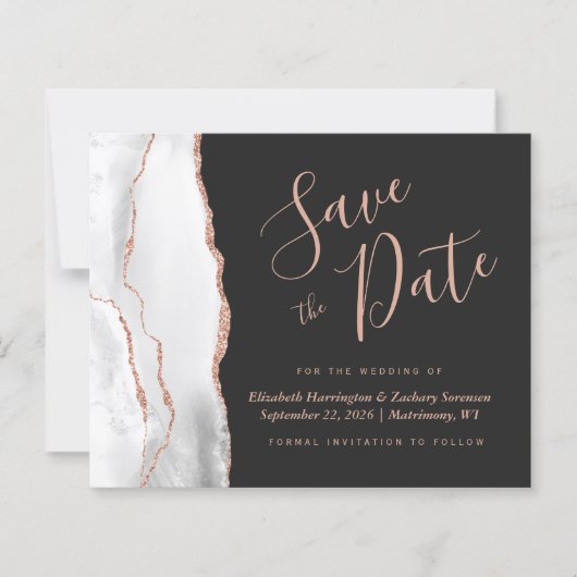 Budget White Rose Gold Agate Dark Save the Date (Vorderseite)