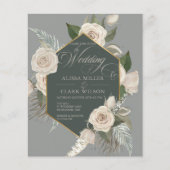 BUDGET White Rose, Gold Emerald Wedding Einladung (Vorderseite)