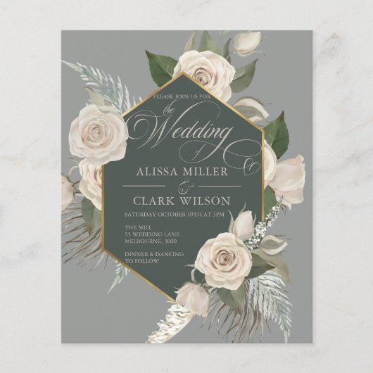 BUDGET White Rose, Gold Emerald Wedding Einladung (Vorderseite)