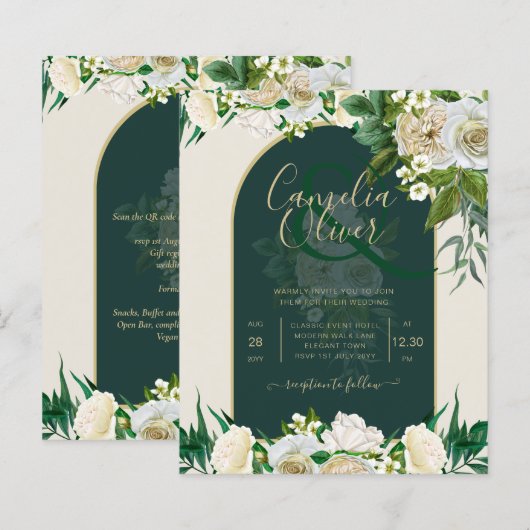 BUDGET White Roses Forest Green Winter Wedding INV (Vorne/Hinten)