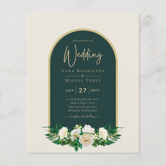 BUDGET White Roses Forest Green Winter Wedding INV Flyer (Vorne)